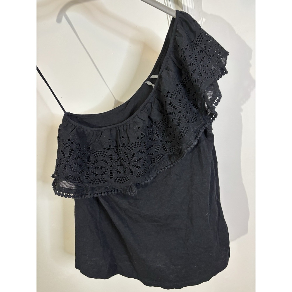 BY ANTHROPOLOGIE Black One Shoulder Eyelet Ruffle Top S